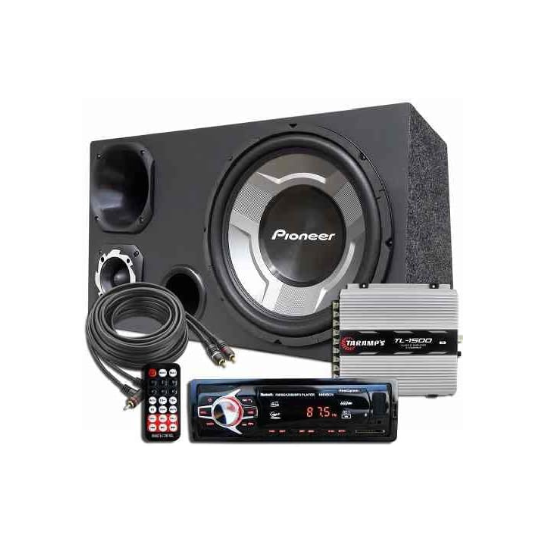 Kit Som Automotivo Completo - Caixa Trio 12 + Subwoofer Pioneer 350W + Módulo Taramps + MP3 Bluetooth